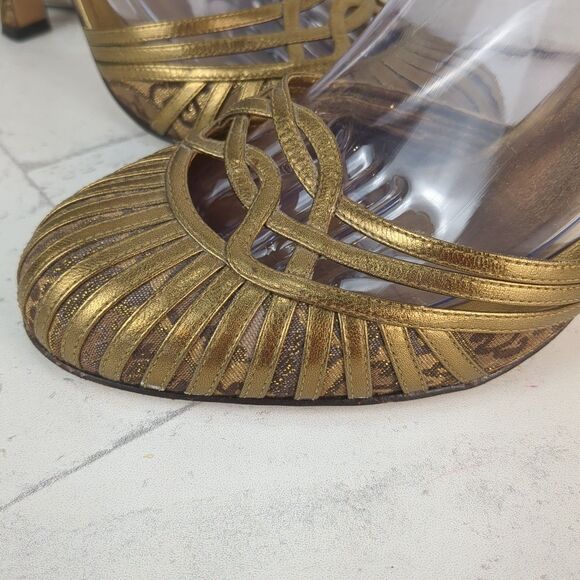 Bebe Gold Strappy Brocade Floral Sparkle Stiletto Heels Size 9.5 M Coquette - Picture 7 of 12